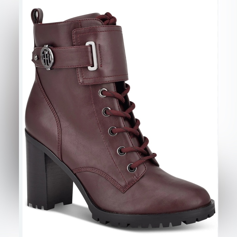 Tommy Hilfiger Burgundy Chunky Heeled Lace Up Boots